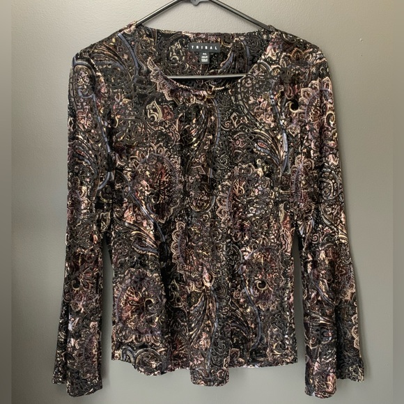 Tribal Tops - TRIBAL Women’s Elastic Velvet Top With Bell Style Sleeves -Size:S | Black Chrome